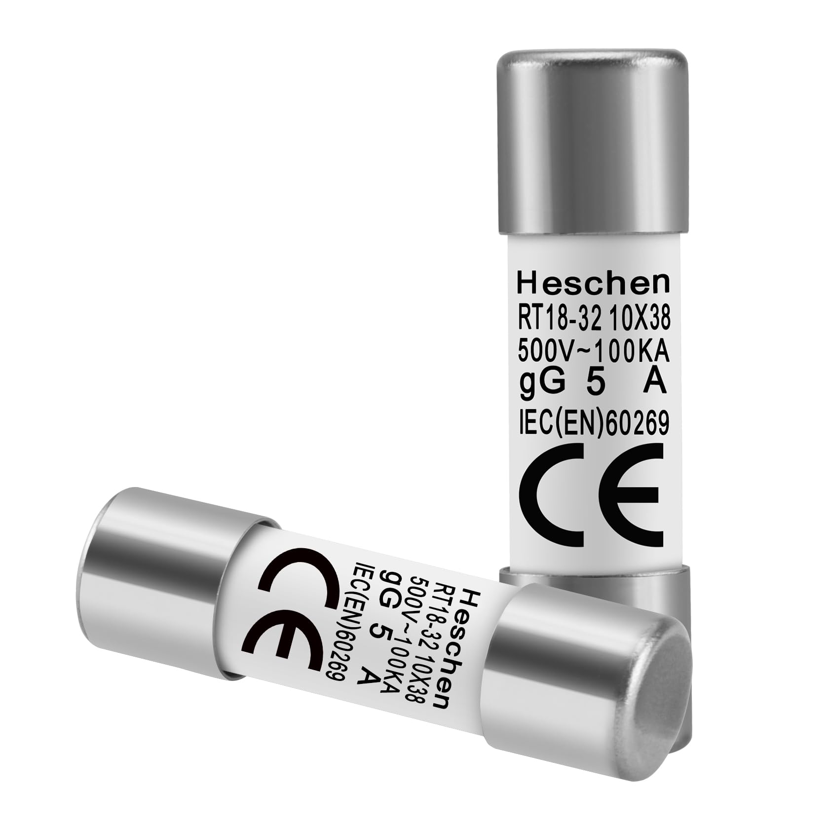 Heschen Cylindrical Ceramic Tube Fuse Link RT18-32 (RO15) 10 * 38 mm 5A 500V CE Pack of 20