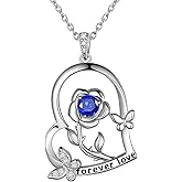 925 Sterling Silver Heart Rose Flower Birthstone Necklace for Women Butterfly Pendant Necklace Elegant Rose Promise Necklace Birth Stone Necklace Rose Flower Jewelry Christmas Gifts for Women Mom Her