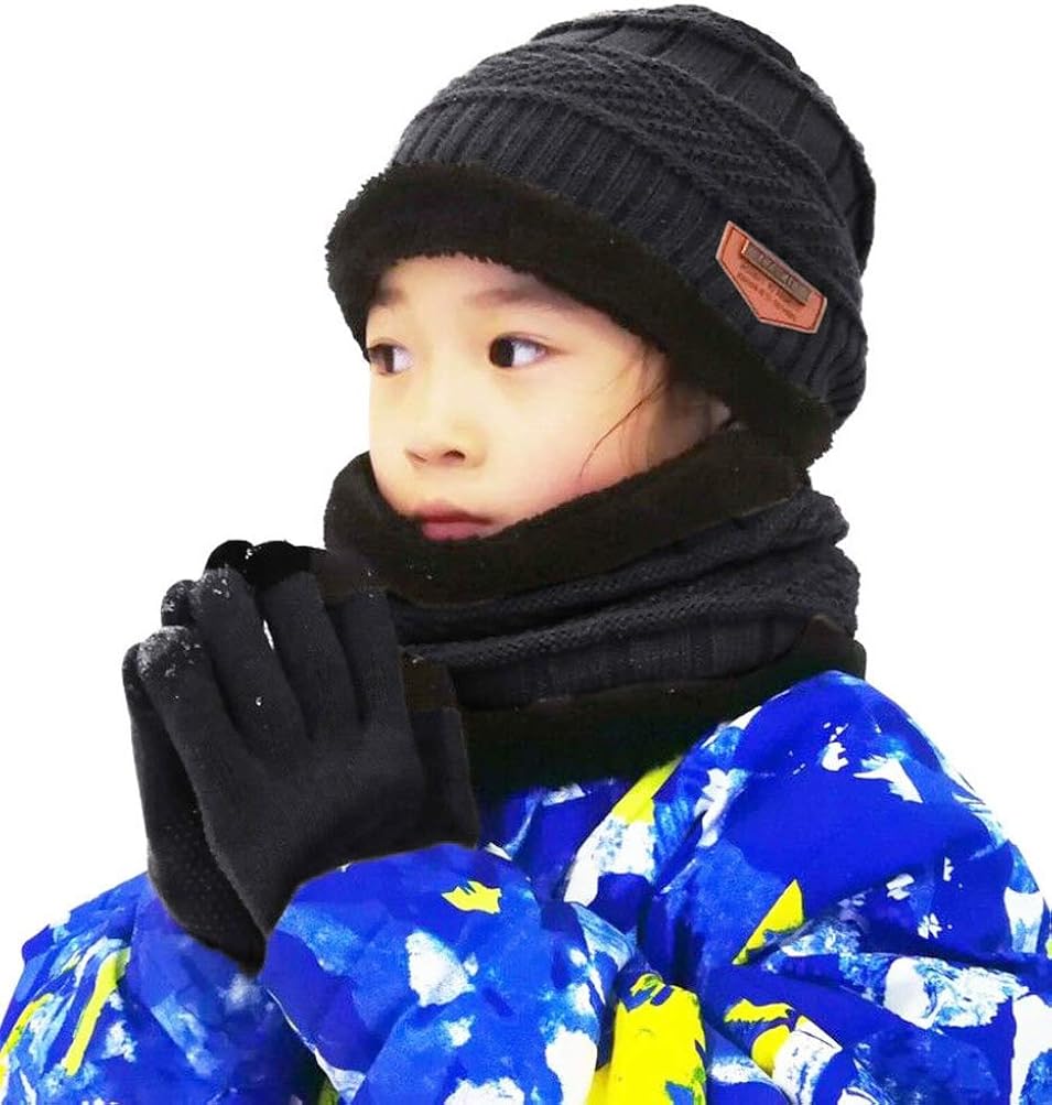 HINDAWI Winter Beanie Hat Scarf Gloves for Kids (5-14 Years) Snow Knit Skull Caps Boys Girls Infinity Scarves Touch Screen Mittens: Clothing