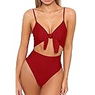 Haloon Womens Spaghetti Strap Tie Knot Front Cutout High Waist One Piece Swimsuit