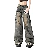 Hugboom Baggy Cargo Pants for Women Girls Wide Leg Jeans Y2k Hip Hop Streetwear Low Rise Oversized Jeans Grunge Clothes Blue