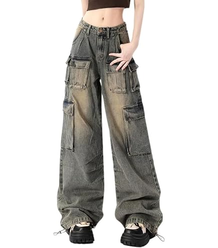 Ethbox Multi Pocket Retro Work Jeans Women's High Waist Loose Y2K