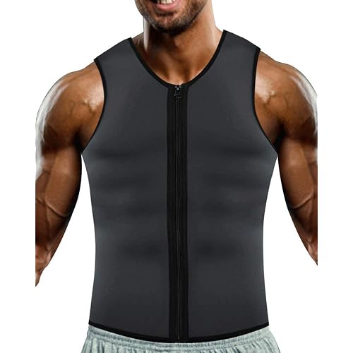 Mens Neoprene Sweat Waist Trainer Vest Sauna Workout Tank Tops with Adjustable Belt & Zipper for Weight Loss