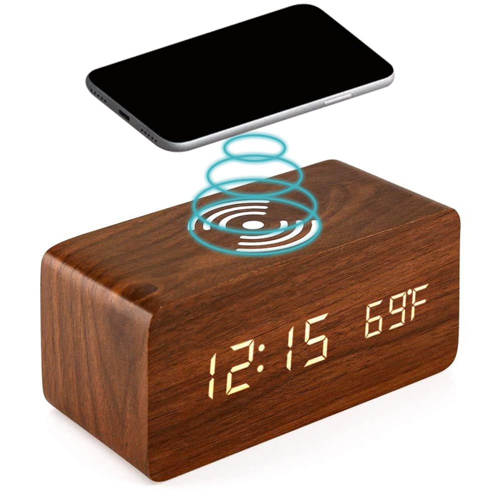 Wooden Digital Alarm Clock with Wireless Charging 3 Alarms Electronic LED Desktop Clock with Temperature Time Display 3 Levels Adjustable Brightness for Bedrooms Living Room Bedside Office brown wood