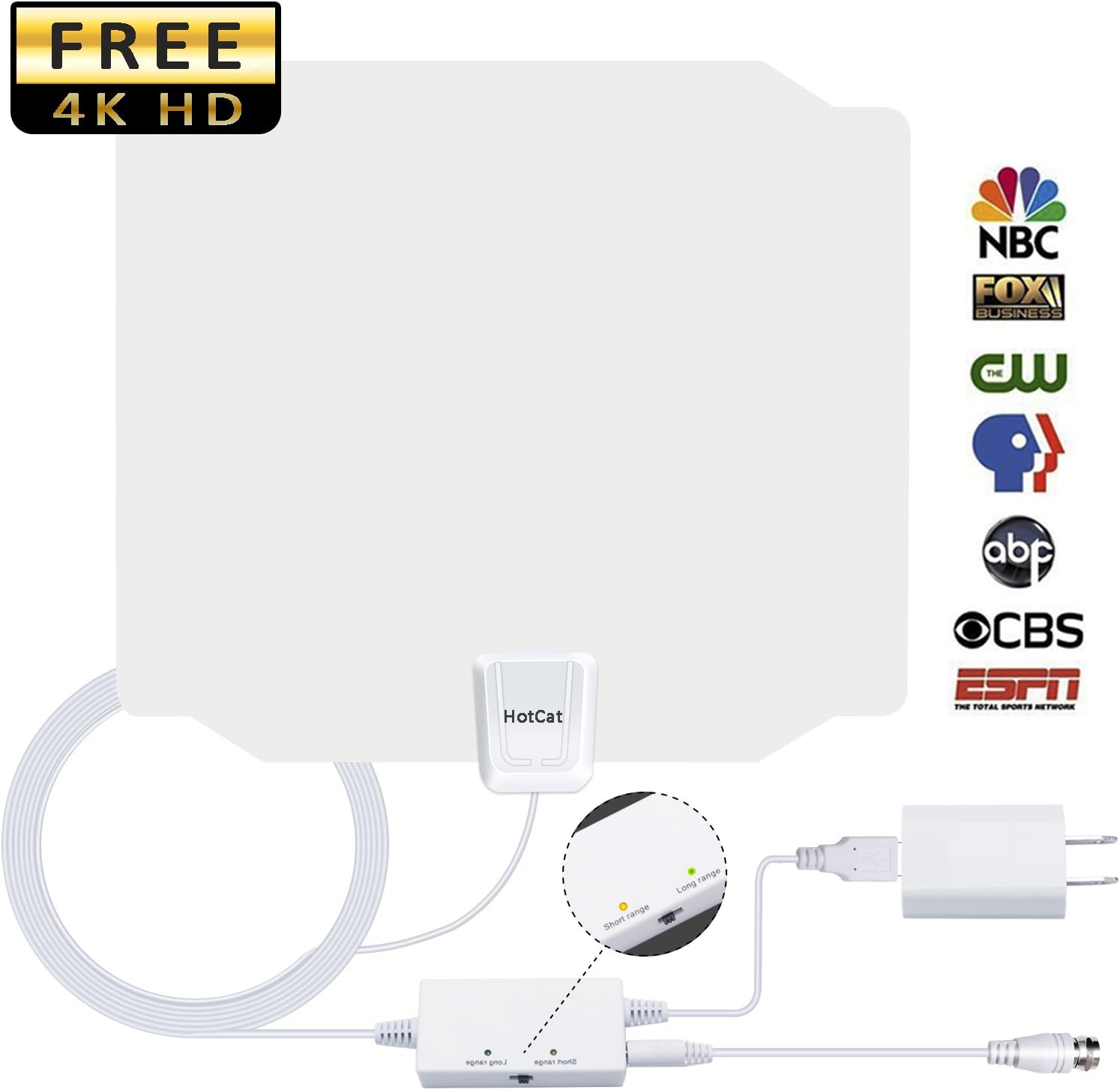Amplified HDTV Antennas with 60-90 Miles Long Range - Support 4K HD 1080P 2160P Free Local Channels & All Types of TV for Indoor with Strongest Amplifier Signal Booster - 16.5ft Coax Cable/ Power