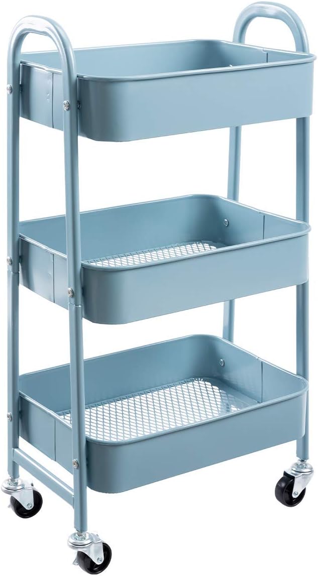 DOEWOKS Storage Trolley on Wheels 3-Tier Metal Cart Grey-Blue 70cm