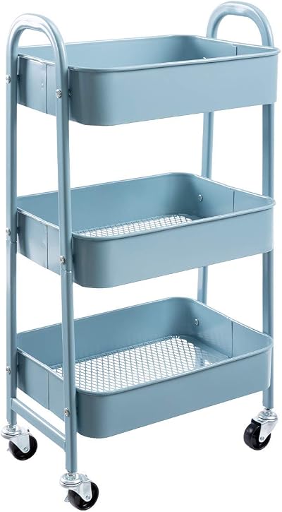 DOEWOKS Storage Trolley on Wheels 3-Tier Metal Cart Grey-Blue 70cm