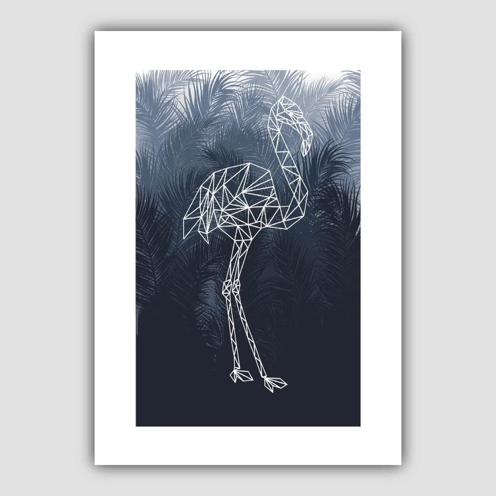Artze Wall Art Geometric Flamingo Bird with Navy Palms Art Print, A4 Size