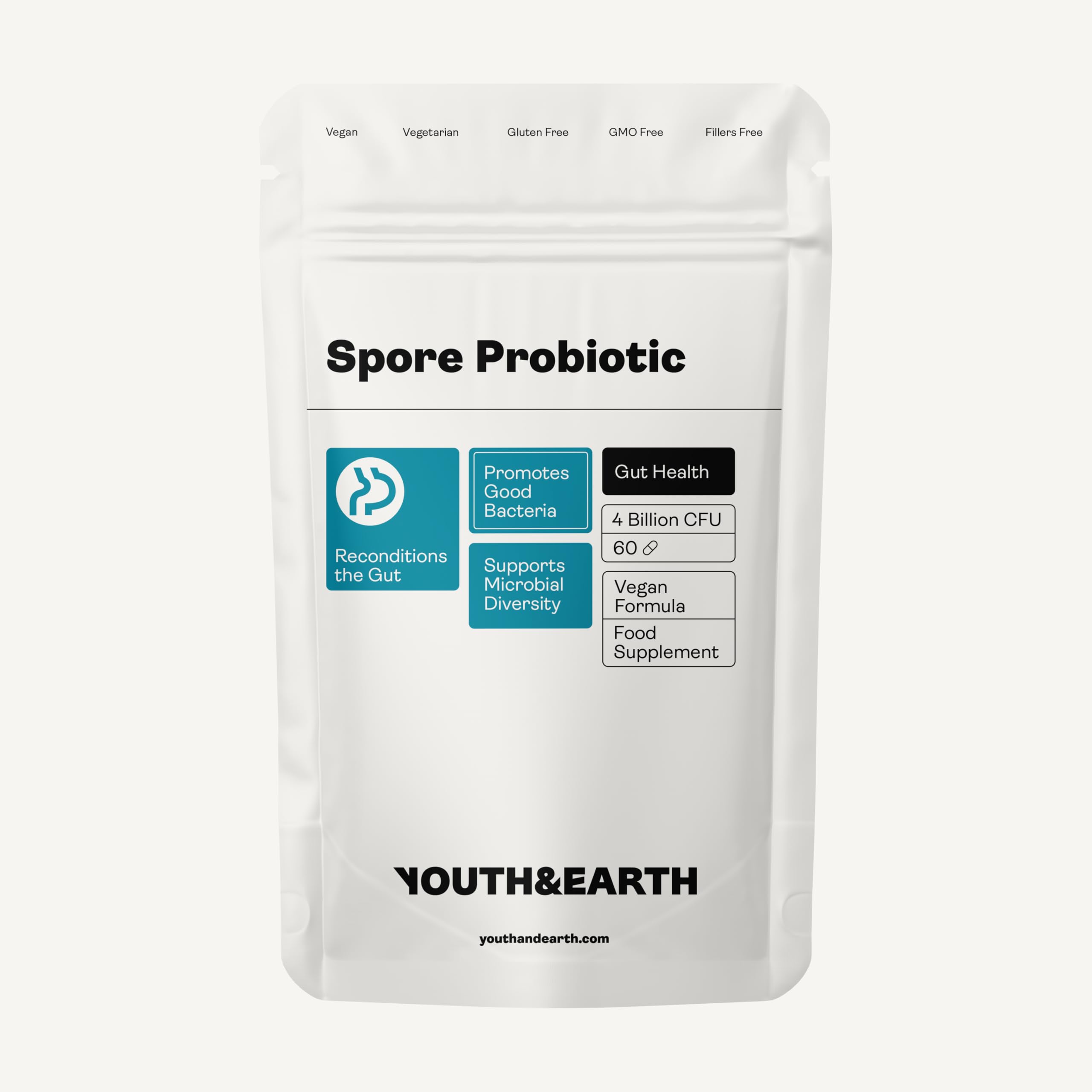 Youth & Earth Spore Probiotics 4 Billion CFU Count - Probiotics for Gut Health & Immune Support | Gut Health Supplements for Men & Women Digestive Health | 60 Capsules