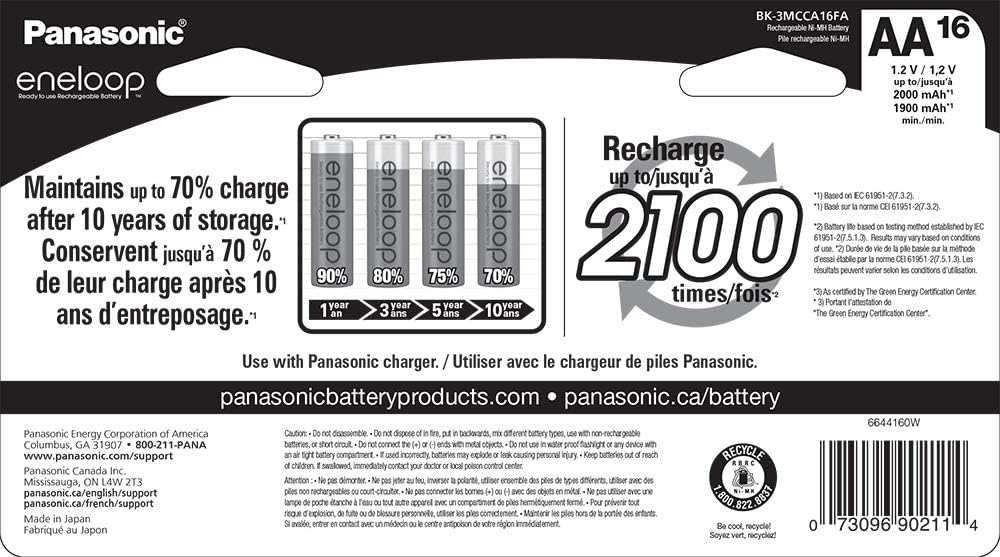 Panasonic BK-3MCCA16FA eneloop AA 2100 Cycle Ni-MH Pre-Charged Rechargeable Batteries, (package includes 16AA blue or 16AA white): PANASONIC: Electronics