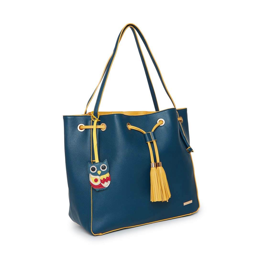 chumbak teal drawstring tassel tote bag