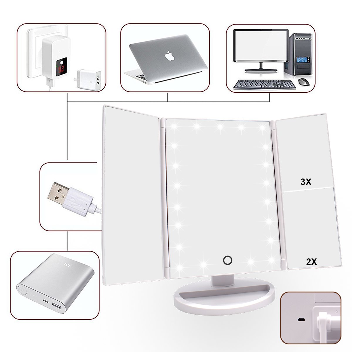 Lighted Makeup Mirror, Trifold Vanity Mirror with 3X/2X/1X