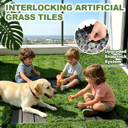 Qingbei Rina Artificial Grass Tiles Interlocking, 9 Packs Fake Grass Turf Outdoor Rug for Dogs Potty Pet, Natural Realistic 0.9m x 0.9m