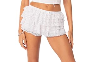 NUFIWI Women Ruffle Lace Shorts Bloomers Summer Casual Layered Tiered Pleated Slim Fit Floral Lace Trim Shorts
