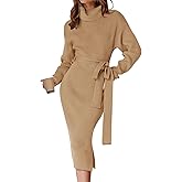 ZESICA Women's Turtleneck Sweater Midi Dress Long Sleeve Ribbed Knit Bodycon Slit Dress with Belt