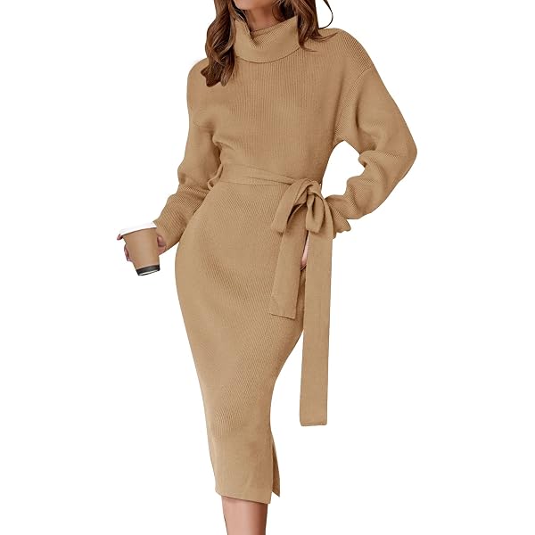 Fangetey Womens Long Sleeve Turtleneck Sweater Dresses Knitted Bodycon Midi  Sheath Jumper Dresses Army Green at Amazon Women's Clothing store