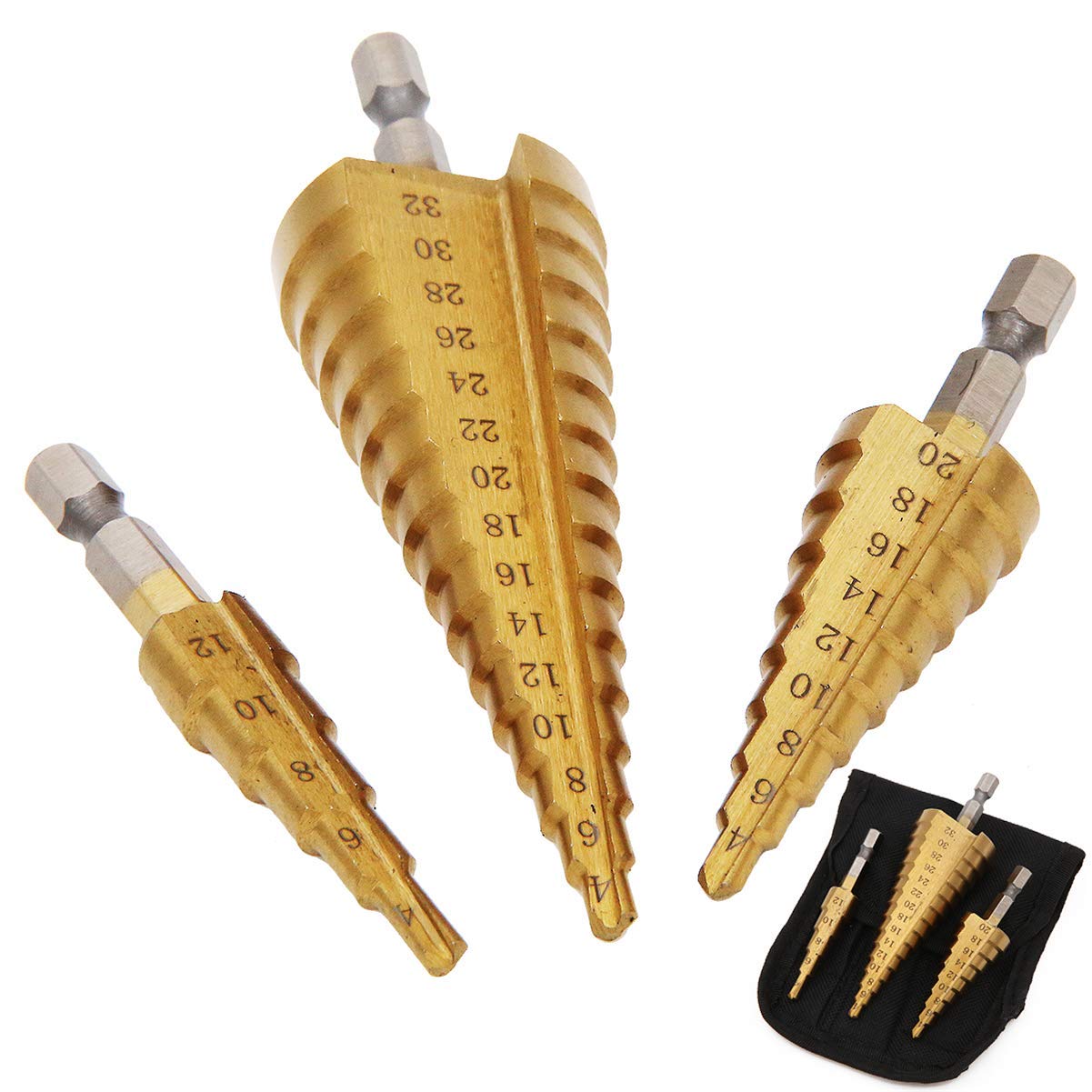 3PCS High Step Steel Titanium Drill Bits Set Power Tools 4-12/4-20/4-32mm Hex Shank Drive for Metal Wood Steel