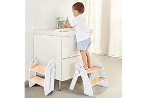 JOOTHLIN Wooden 2 Step Stool for Kids Bathroom Sink Foldable Anti-Slip 2-Step for Toilet Potty Training, Child Stepping Stool for Kitchen Nursery Bedroom, Sturdy Non Slip Adult Stool for Closet