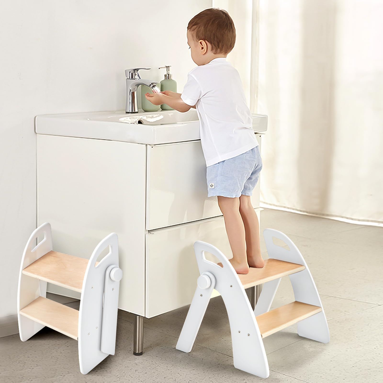 Photo 1 of Wooden 2 Step Stool for Kids Bathroom Sink Foldable Anti-Slip 2-Step for Toilet Potty Training, Child Stepping Stool for Kitchen Nursery Bedroom, Sturdy Non Slip Adult Stool for Closet