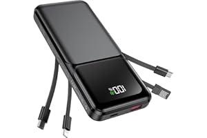 RONEGN Portable Charger with Built in Cable - 20000mAh Fast Charging 22.5W Slim Power Bank USB C LED Display Travel Battery Pack 5 Outputs & 3 Inputs for iPhone Samsung Android iPad Phones Tablets etc