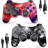 CHENGDAO Controller for PS3 2 Pack Wireless Controller for Playstaion 3 6-Axis with High-Performance Double Virbration, Motion Control, USB Charging Cable (Skull + Galaxy)