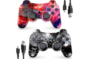 CHENGDAO Controller for PS3 2 Pack Wireless Controller for Playstaion 3 6-Axis with High-Performance Double Virbration, Motion Control, USB Charging Cable (Skull + Galaxy)