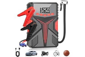 KOZFULE Arrancador de Batería de Coche, Compresor de Aire Portátil, con Iluminación LED, Cargador de Batería de Auto 12V Jump Starter para Autos, SUV, Motos y Emergencias(Rojo)