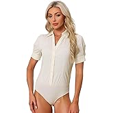 Allegra K Women's Bodysuit Tops Collared Short Sleeve Button Down Work Shirt Business Professional Outfits