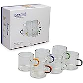 Bacimi® Clear Espresso Cups with Colorful Handles - Set of 6 / 4oz / 120ML - Borosilicate Glass Mugs for Cappuccino, Tea, Latte, & Hot Beverage - Mini Drinking Cups - Microwave Safe