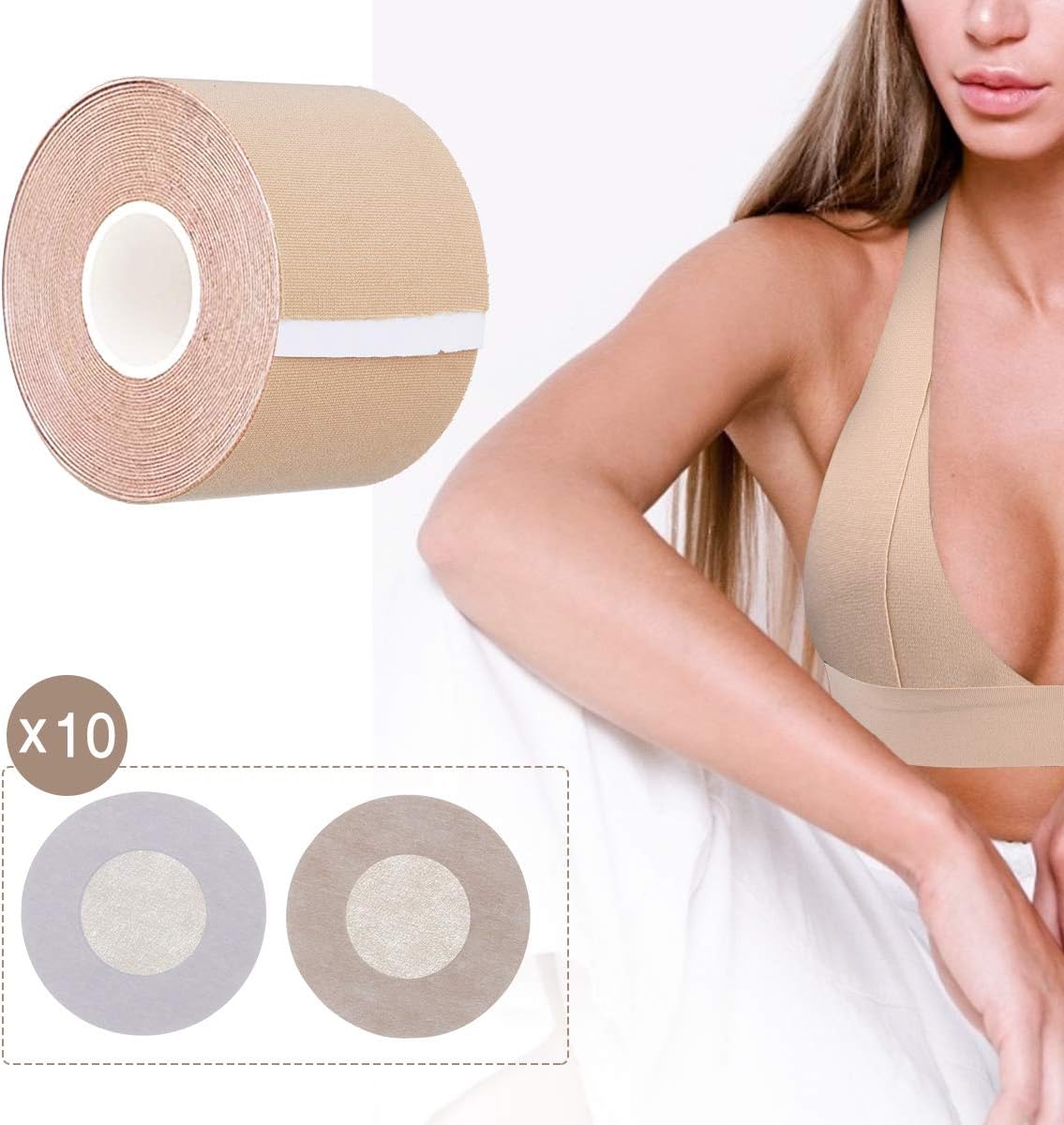 CHARMINER Boob Tape, Breast Lift Tape and 3 Pairs of Adhesive Nipple Covers, Reusable Adhesive Bra for A-E Cup Breast Friendly Push Up Strong Support and Style Shape