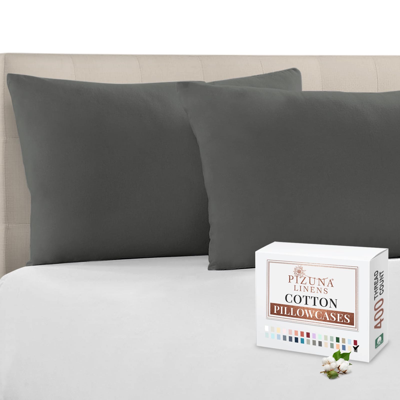 Pizuna 100% Cotton Housewife Pillowcases 2 Pack Dark Grey 48x74cm, 400 Thread Count Long Staple Combed Cotton Pillow Cover, Sateen Weave Standard Housewife Pillowcase (Cotton Pillowcase Pack of 2)