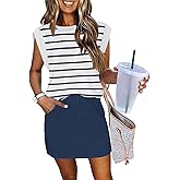 ETCYY NEW Womens Cap Sleeve Summer Dress Crew Neck Tie Front A-Line Dresses Double Layer Hem Mini Dress