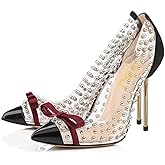 FSJ Women Studded Pointed Toe Transparent Pumps High Heels Shoes with Cute Bowknot US Size 4-15 M