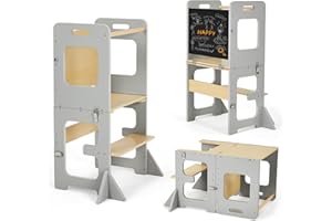 Toddler Standing Tower, Learning Standing Tower, 2-in-1 Kitchen Wooden Stool Helper with Chalkboard Montessori and Waldorf He