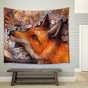 Red Fox Portrait, Colorful Painting with Ornamental Background. - Fabric Wall Tapestry Home Decor - 51x60 inches