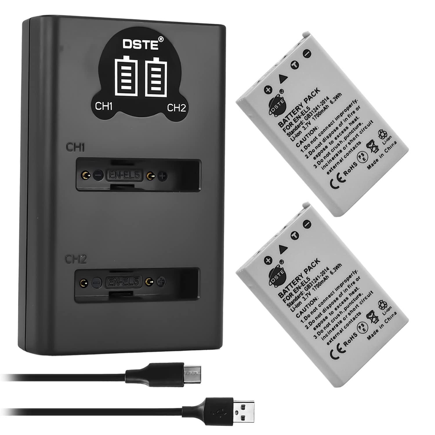 DSTE EN-EL5 Rechargerable Battery (2-Pack) and Smart LED Dual USB Charger Compatible with Nikon Coolpix P80 P90 P530 P5000 P5100 7900 P6000 P500 P510 P520