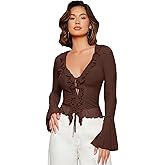 GORGLITTER Women's Bell Sleeve Tie Front Mesh Tops Sheer Cardigan Ruffle Going Out Concert Western Vintage Blouse Shirt