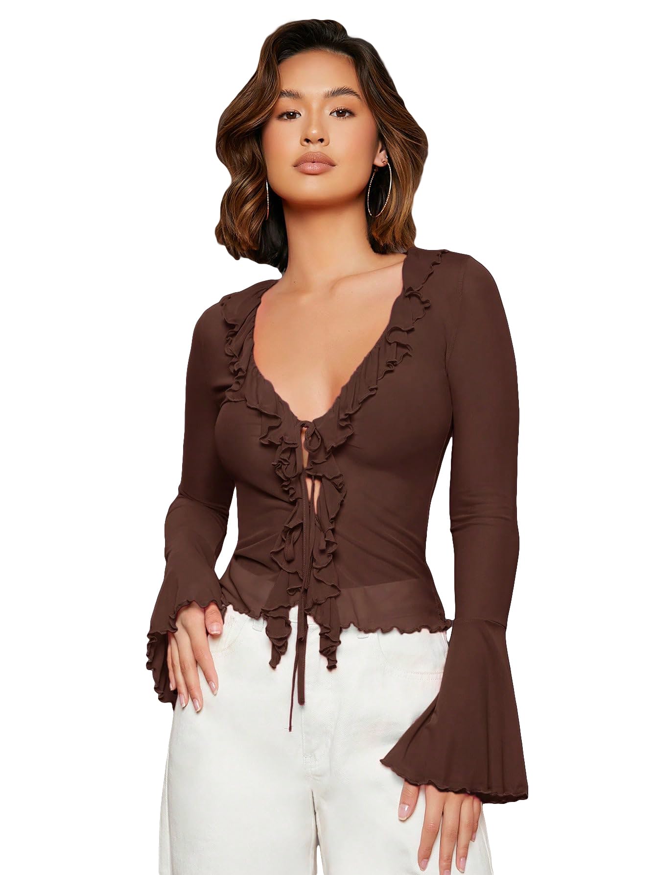 Photo 1 of GORGLITTER Women's Bell Sleeve Tie Front Mesh Tops Sheer Cardigan Ruffle Going Out Concert Western Vintage Blouse Shirt Chocolate Brown Medium