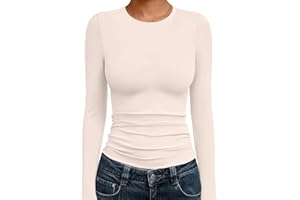 Ekouaer Women Long Sleeve Shirts Ruch Side Thermal Tops Crew Neck Layering Undershirts Stretchy Slim Fit Basic Tees