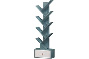 SHEEPAM 8 Tier Tree Bookshelf with Drawer, Free Standing Wood Bookcase for Narrow Space, Storage Organizer Bookshelves for Books, Book Case for Home Office, Living Room, Bedroom, Navy Blue