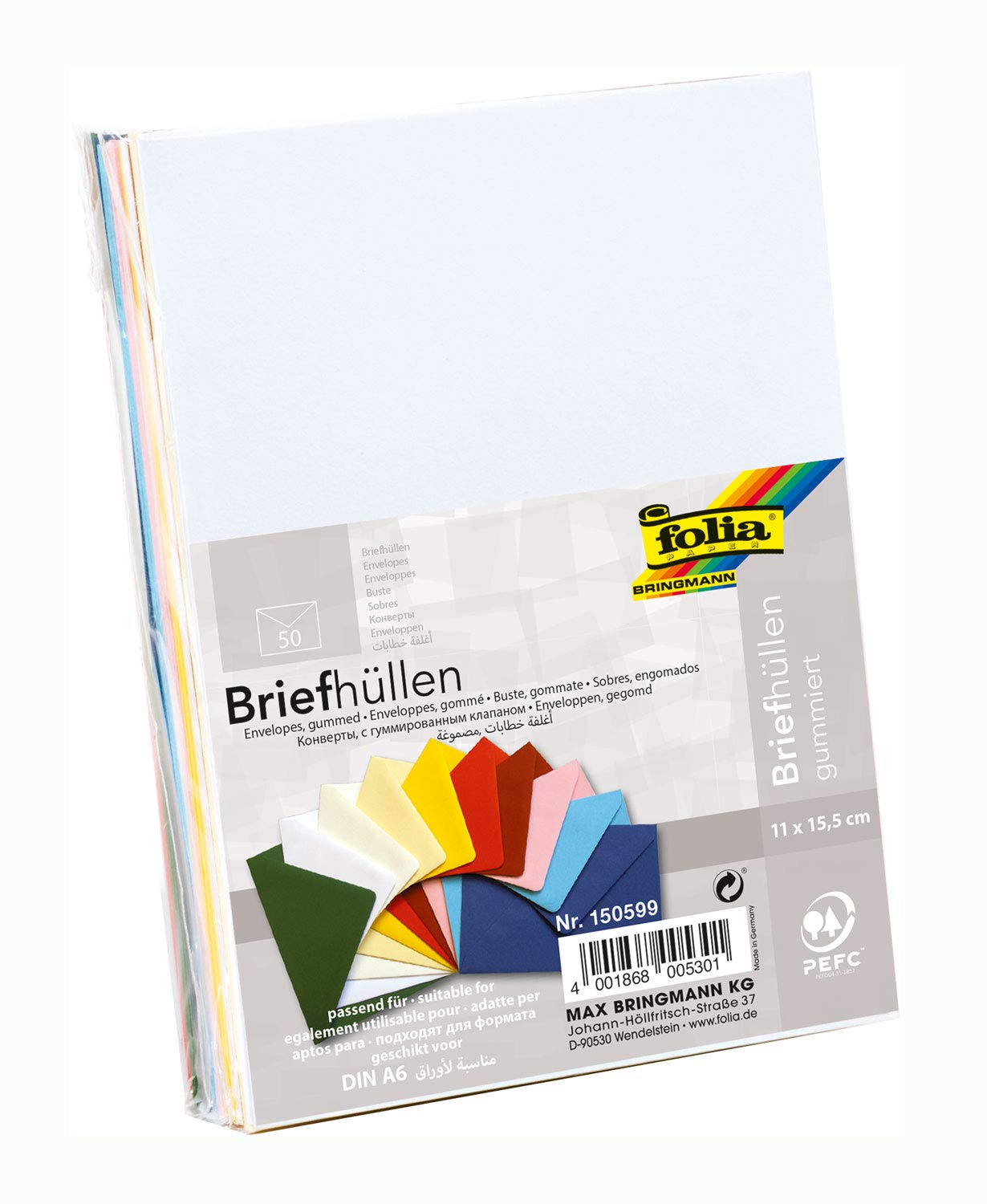 Folia 150599 C6 Envelopes in Assorted Colours Gummed 50-Pack