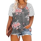 CARCOS Plus Size Tops for Women Short Sleeve Raglan Striped Tee Color Block Crewneck/V Neck Tunic Loose Fit Summer XL-5XL