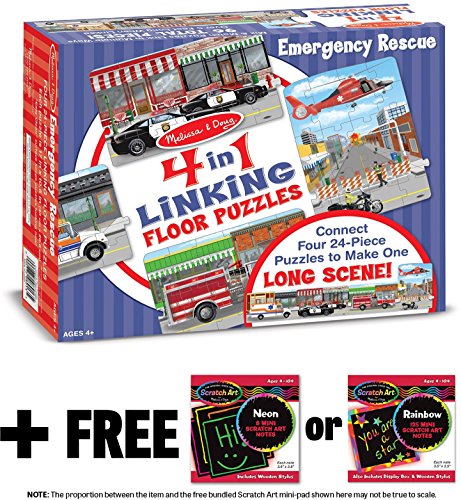 Emergency Rescue: 96-Piece 4-in-1 Linking Floor Puzzle + FREE Melissa & Doug Scratch Art Mini-Pad Bundle (89135)