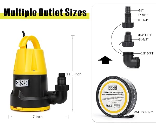 6699 SUBMERSIBLE SUMP PUMP 2500GPH HIGH FLOW WITH 25FT X 1-1/2” DISCHARGE HOSE DRAIN WATER PUMP KIT 1/2HP PORTABLE UTILITY PUMP EASY TO USE FOR FLOODED BASEMENT RAIN BARREL