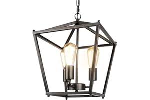 Unicozin Black Lantern Pendant Light, 3 Lights Farmhouse Chandelier Fixture with Metal Cage, Adjustable Height Industrial Hanging Lights E26 Base for Kitchen Island, Bedroom, Entryway, Foyer
