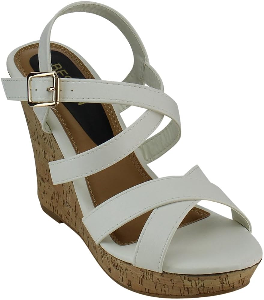 Women's Platform Criss Cross Strappy Buckle Wedge Dress