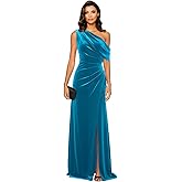 Monvelli One Shoulder Velvet Bridesmaid Dresses with Slit Long Mermaid Pleated Empire Waist Formal Evening Prom Gowns