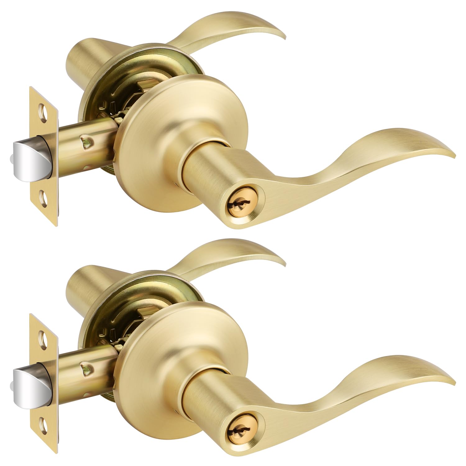 Photo 1 of item does not include internal door latcH------------------------------Bonpoly 2 Pack Satin Brass Door Handle, Wave Style Entrance Door Lever Door Handle, Keyed Alike/Combo Keys Door Handles for Bedroom or Living Room, Right Handing