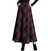 ebossy Women's Vintage High Waist Wool Blend Plaid A-Line Long Maxi Skirt with Pocket