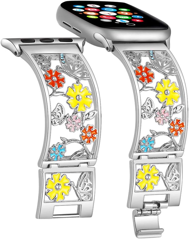 Duoan Butterfly Bracelet Compatible with Apple Watch Band 38mm 40mm 42mm 44mm iWatch Bands Series 6 5 4, Bling Crystal Floral Strap Hollow Metal Cuff, Dressy Women Jewelry Wristband (38mm/40mm Silver)